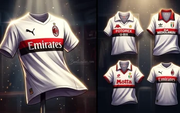 Jersey tandang Milan 2027-28 dari Puma bernuansa retro putih dengan strip merah-hitam
