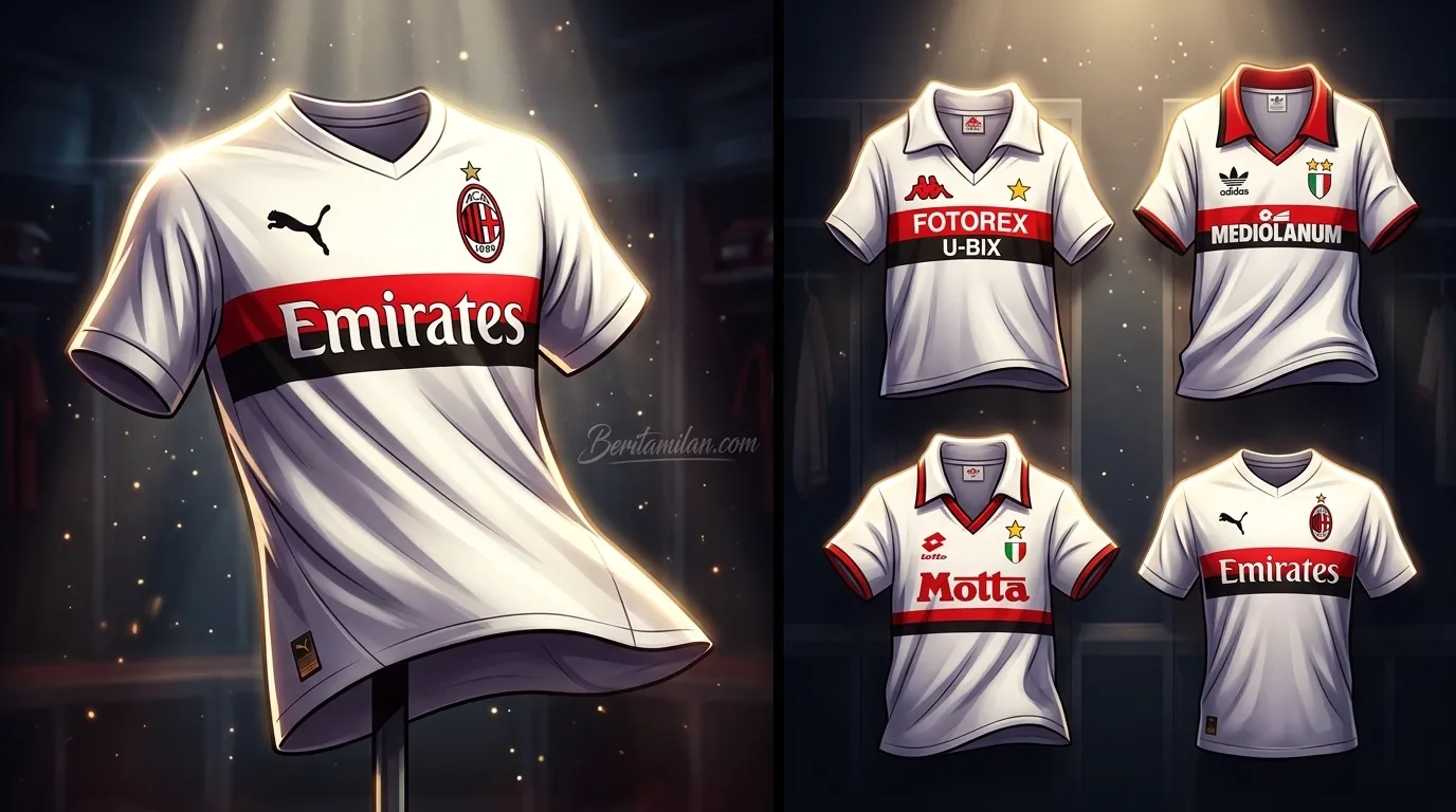 Jersey tandang Milan 2027-28 dari Puma bernuansa retro putih dengan strip merah-hitam